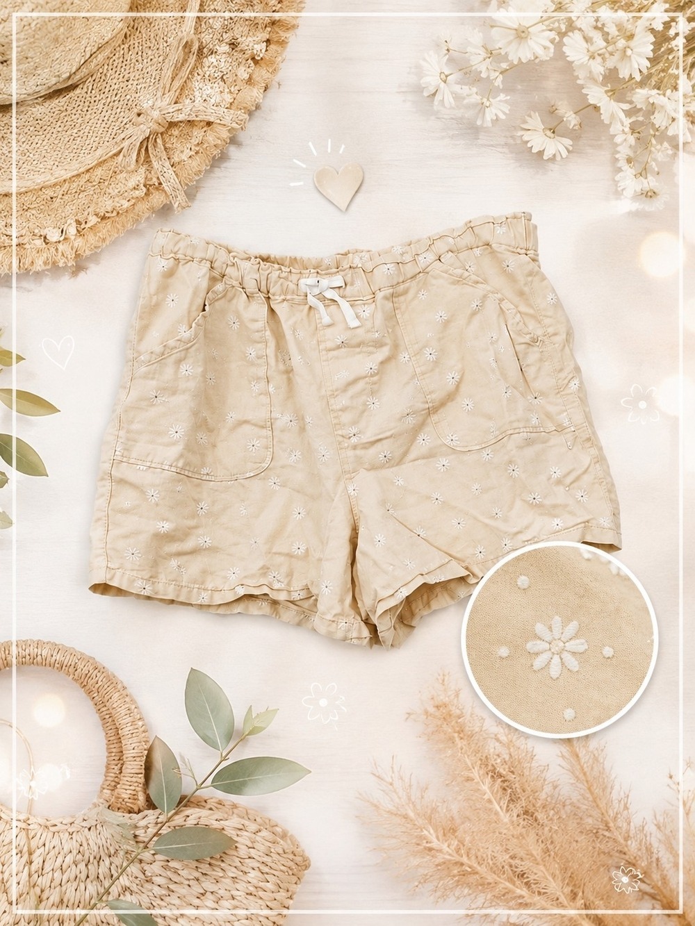 Beige Floral Eyelet Shorts X Large